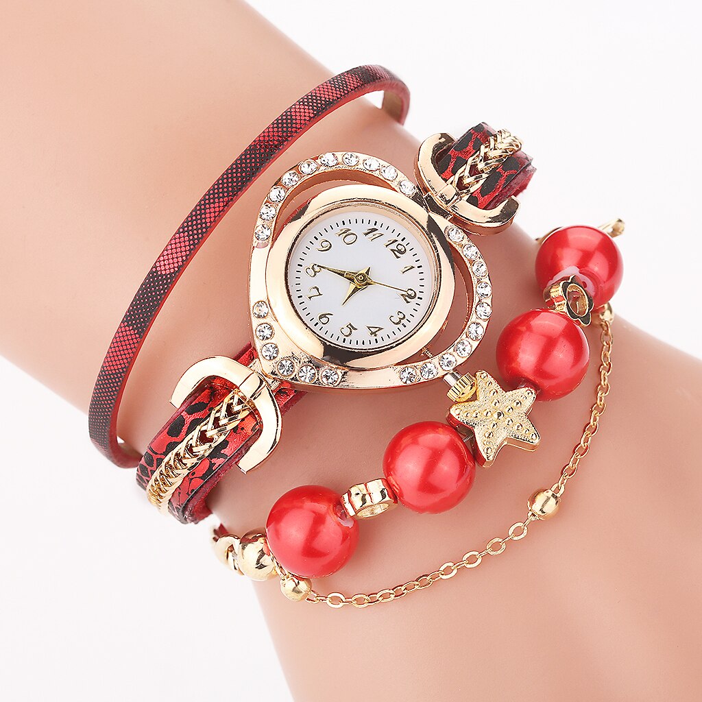 Dame armbåndsure med perlevedhæng luksus dame læder quartz rhinestone armbåndsure ur zegarek damski: Rød