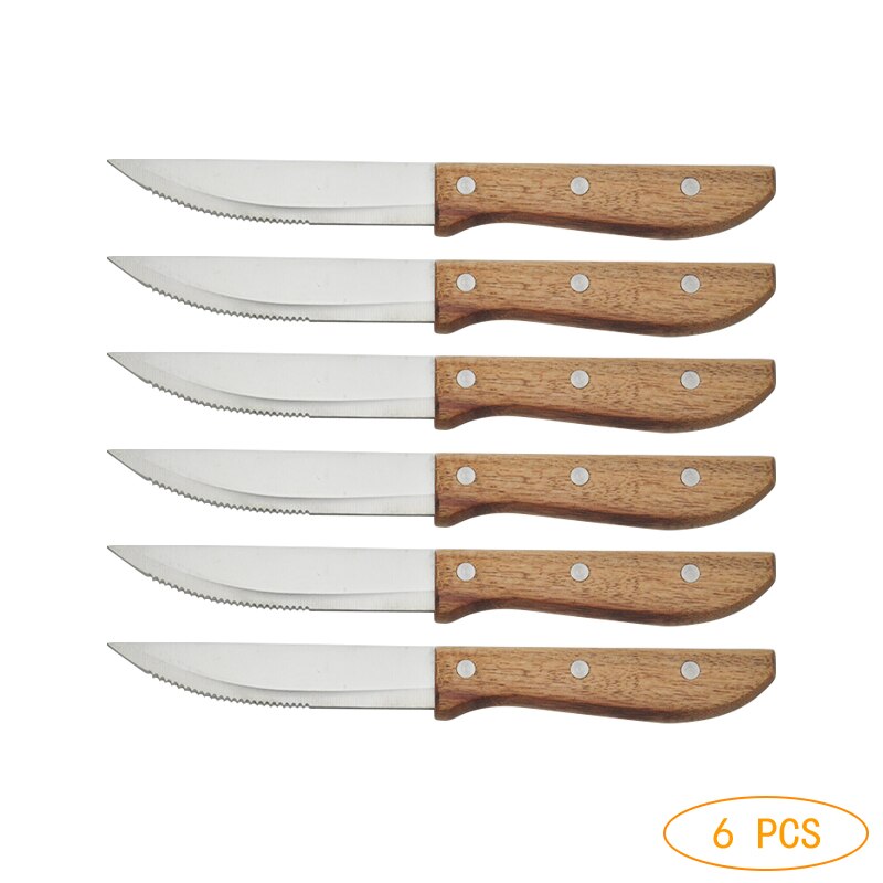 2-10 Stuks Houten Handvat Steak Mes Set Diner Messen Tafel Mes Gekarteld Lemmet Restaurant Bestek Japanse Houten Servies: 6pcs