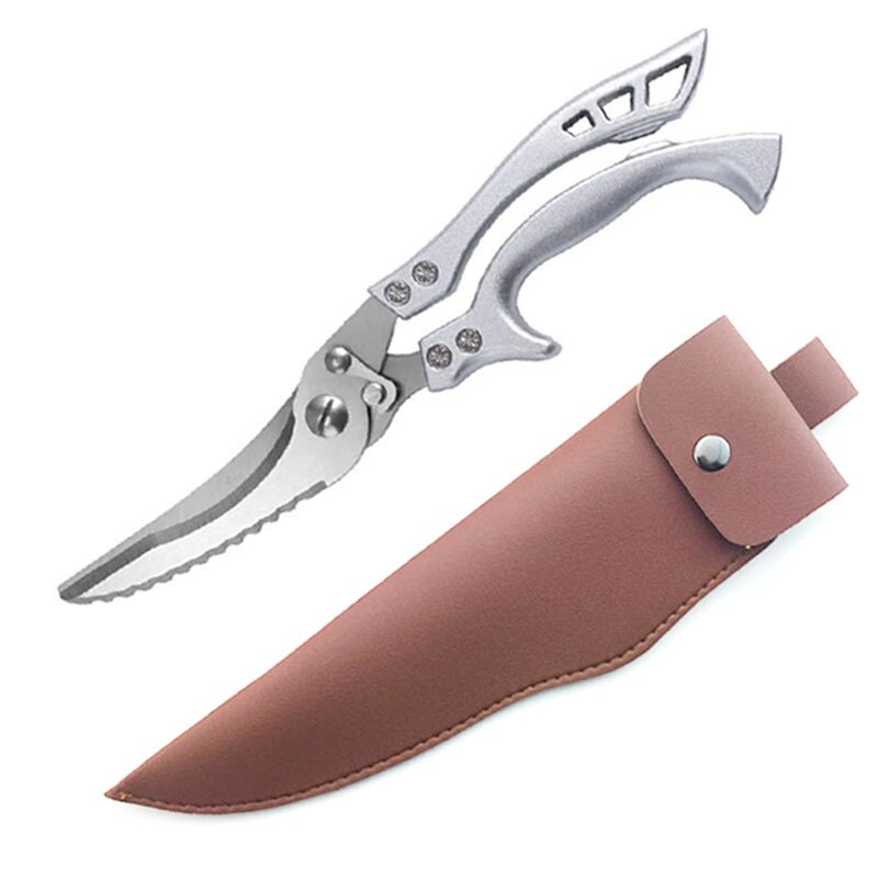 Kitchen Powerful Chicken Bone Scissors Chicken Duck Fish Cutter Shears Stainless Steel Scissors Scale Clean Cook Scissors Knife: Brown Leather case