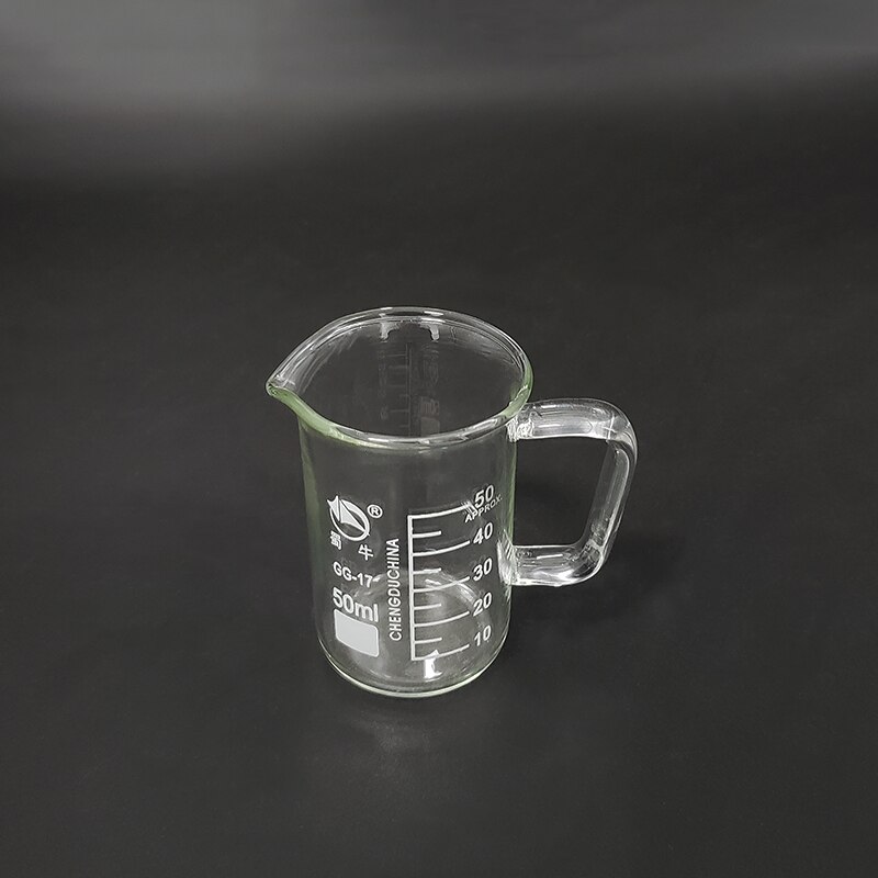 With handle Beaker in tall form,Capacity 50ml,Outer diameter=40mm,Height=68mm,Laboratory beaker