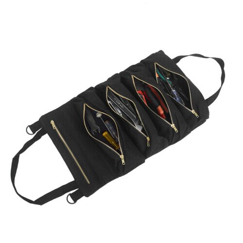 Multi-Purpose Tool Roll Up Canvas Storage Bag Wrench Roll Pouch Hanging Tool Zipper Carrier Tote Organizer: Black