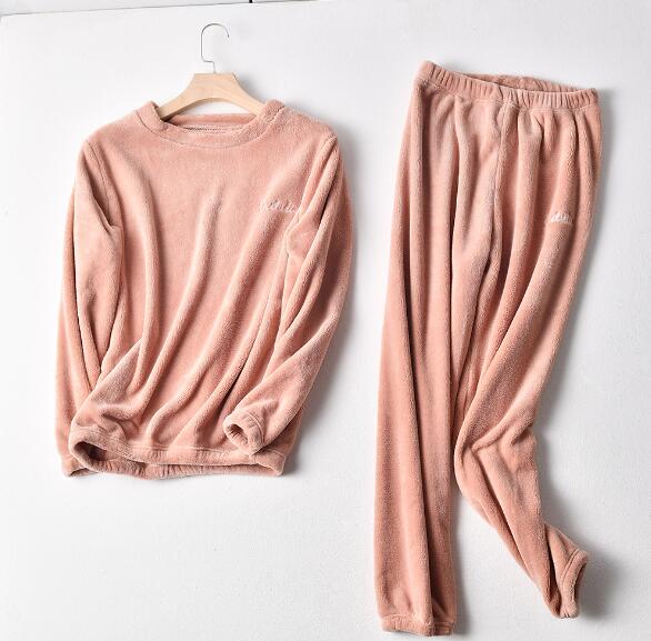 Fdfklak flanellen huiskleding dikke warme dames pyjamaset lange mouwen lange broek pyjama dames casual nachtkleding pyjama vrouw: Roze