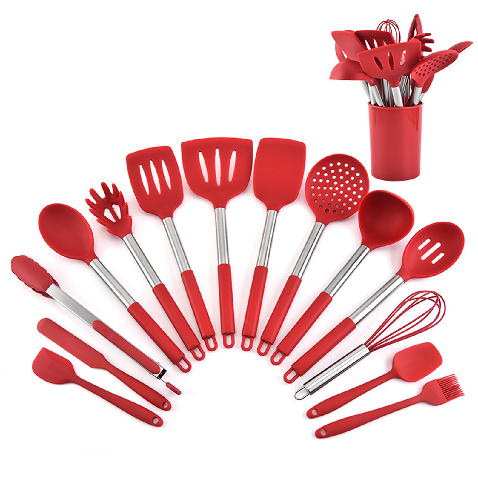 15pcs Soup Spoon Cooking Utensil Set Non Stick Home Kitchen Spatula Heat Resistant With Storage Barrel Scratch Proof Restaurant: Red