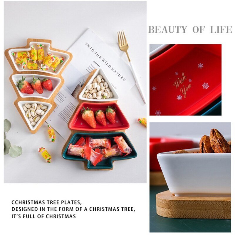 Keramische Bamboe Hout Kerstboom Partitie Plaat Snack Schotel Fruitschaal Schotel