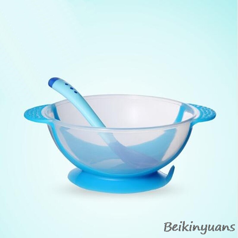 Vajilla con sensor de temperatura para niños, platos de aprendizaje para bebés, bandeja con bol y ventosa: blue