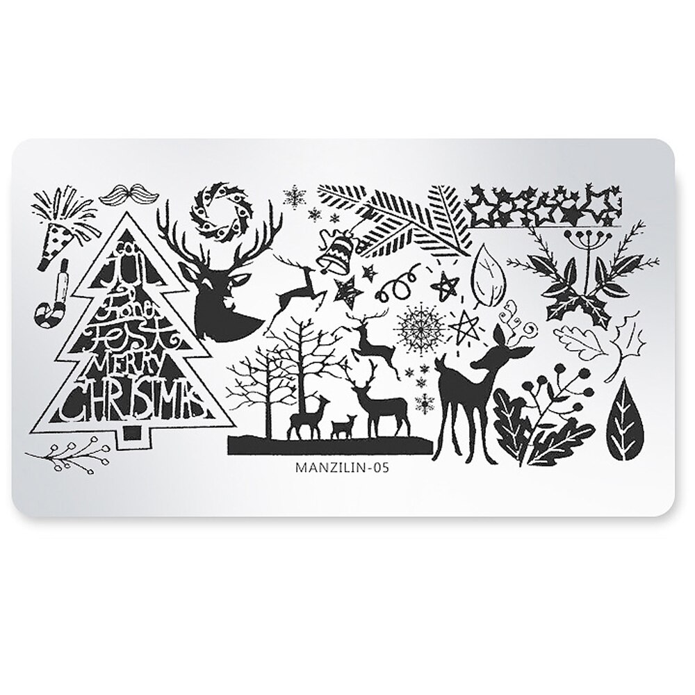 Kerst rechthoekige nagelprint stalen plaat mal kerstboom print sjabloon 6 x 12cm nail art transfer print tool: 05