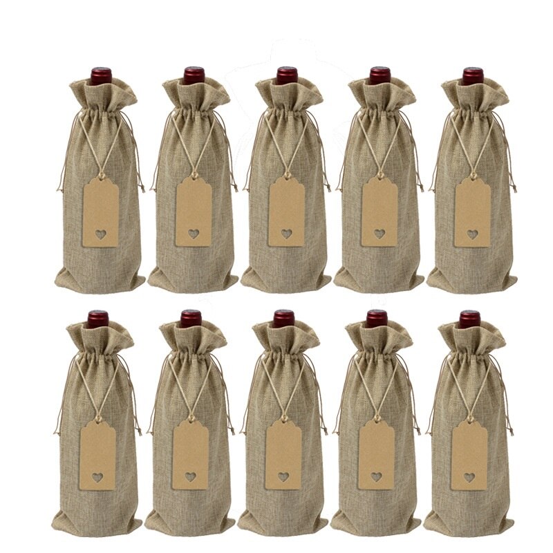10 pcs/lot bouteille de vin couvre cordon sac avec étiquette coeur ensemble toile de jute pochettes en lin pour noël mariage décoration sac de rangement: Hemp