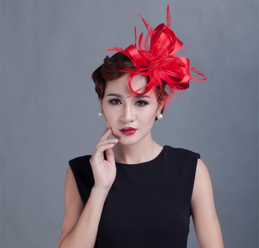 Women Cocktail Chic Fascinator Hat Church Headpiece Wedding Headwear Lady Party Formal Hair Accessories: gules