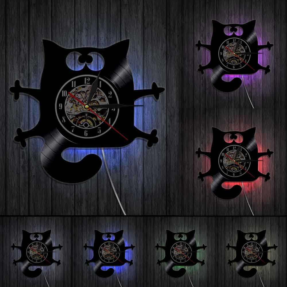 Cat Meow Wall Clock Funny Black Cat Home Decor Modern Vinyl Record Wall Clock Kitten Decorative Clock For Kitty Cat Lovers: With LED