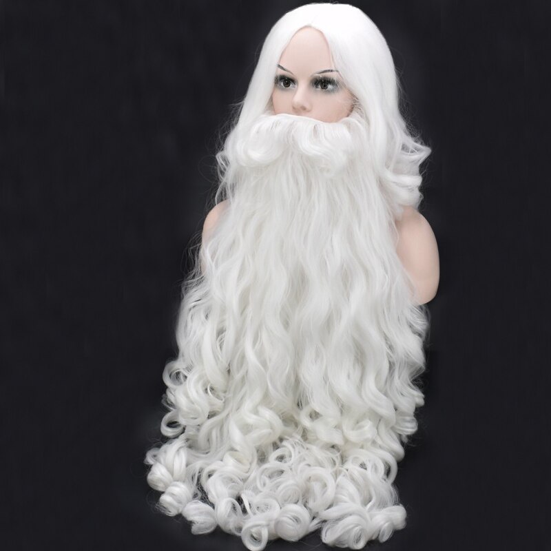 Peluca navideña Cosplay barba Santa Claus pelo sintético largo rizado blanco resistente al calor + gorro de peluca