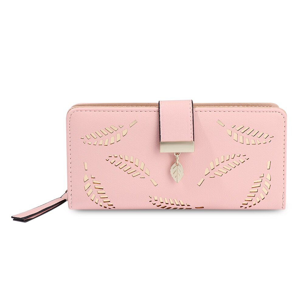 Long Women Wallets Lady Party Clutch Long Hollow Leaf Leather Wallet Card Button Clutch Purse Long Handbag Folding Wallet: pink