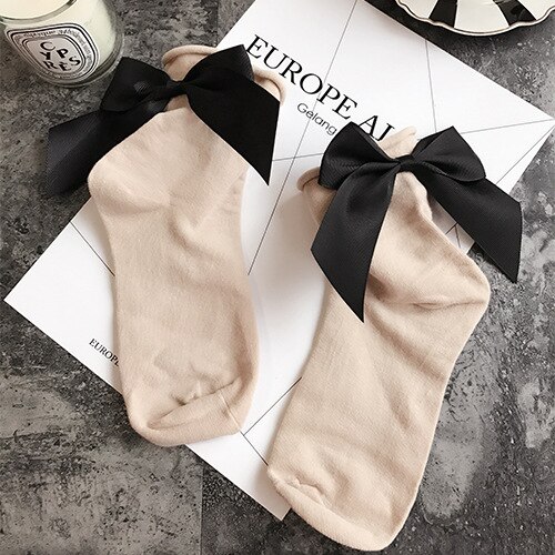Winter Autumn Spring Sweet Curl Cotton After The Heel Ribbon Big Bow Short Socks Wild Chaussette Female Herring Ankle Socks: Socks khaki black