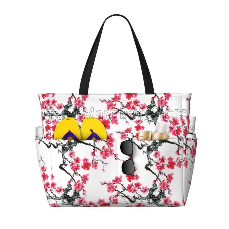 Grote strandtas met japanse sakura-kersenbloesems voor dames, waterdicht en zandbestendig, met ritssluiting, ideaal voor het zwembad, de sportschool en op reis.: Blauw