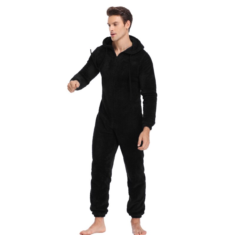 Mannen Pluche Teddy Fleece Pyjama Winter Warme Pyjama Algehele Suits Plus Size Nachtkleding Kigurumi Hooded Pyjama Sets Voor Volwassen Mannen: Black / S