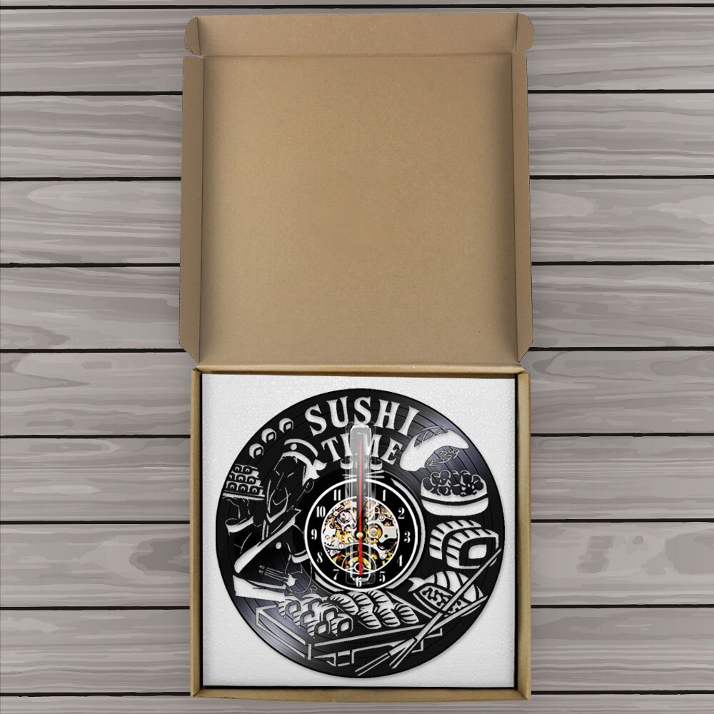 Sushi Time Antique Wall Clock Japanese Dish Foodie Vinyl Record Clock Sashimi Asian Restaurant Wall Roll Clock Sign Gourmet