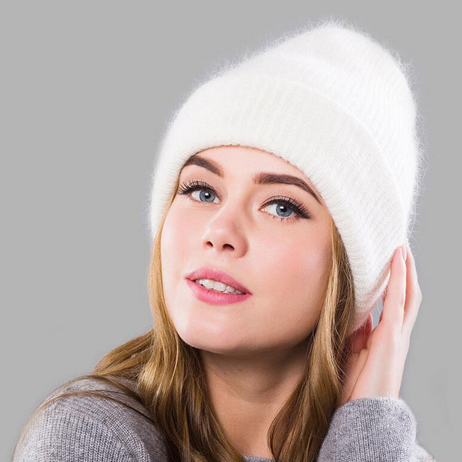 Winter Hats Knitted Beanie Hat Cashmere Autumn Bonnet Unisex Cuffs Beanie: White