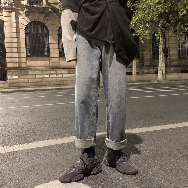 Kpop tøj koreansk sort jeans med lige ben mænd tøj hip hop ensfarvet retro harajuku denim bukser mandlige