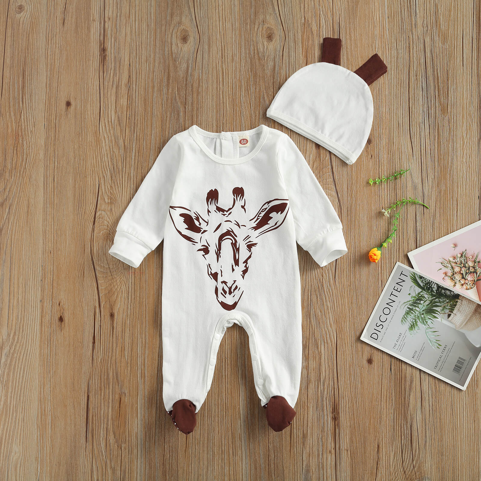 0-6M Baby Baby Meisje Jongen Lente Giraffe Print 2 Stuks Set Lange Mouwen Footie + gewei Cap Koffie/Wit Pasgeboren Outfit