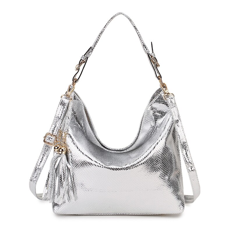 Hobo Messenger Bag Women&#39;s Shoulder Bag Vintage Tassel Ladies Hand Bags Leather Handbag Big Crossbody Bags for women: silver