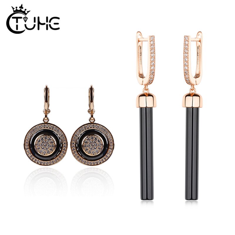585 Rose Gold Ohrring setzt Für Frauen Elegante Schmuck Schwarz Keramik Ohrringe Mit Kristall Glänzende Hochzeit Engagement Party