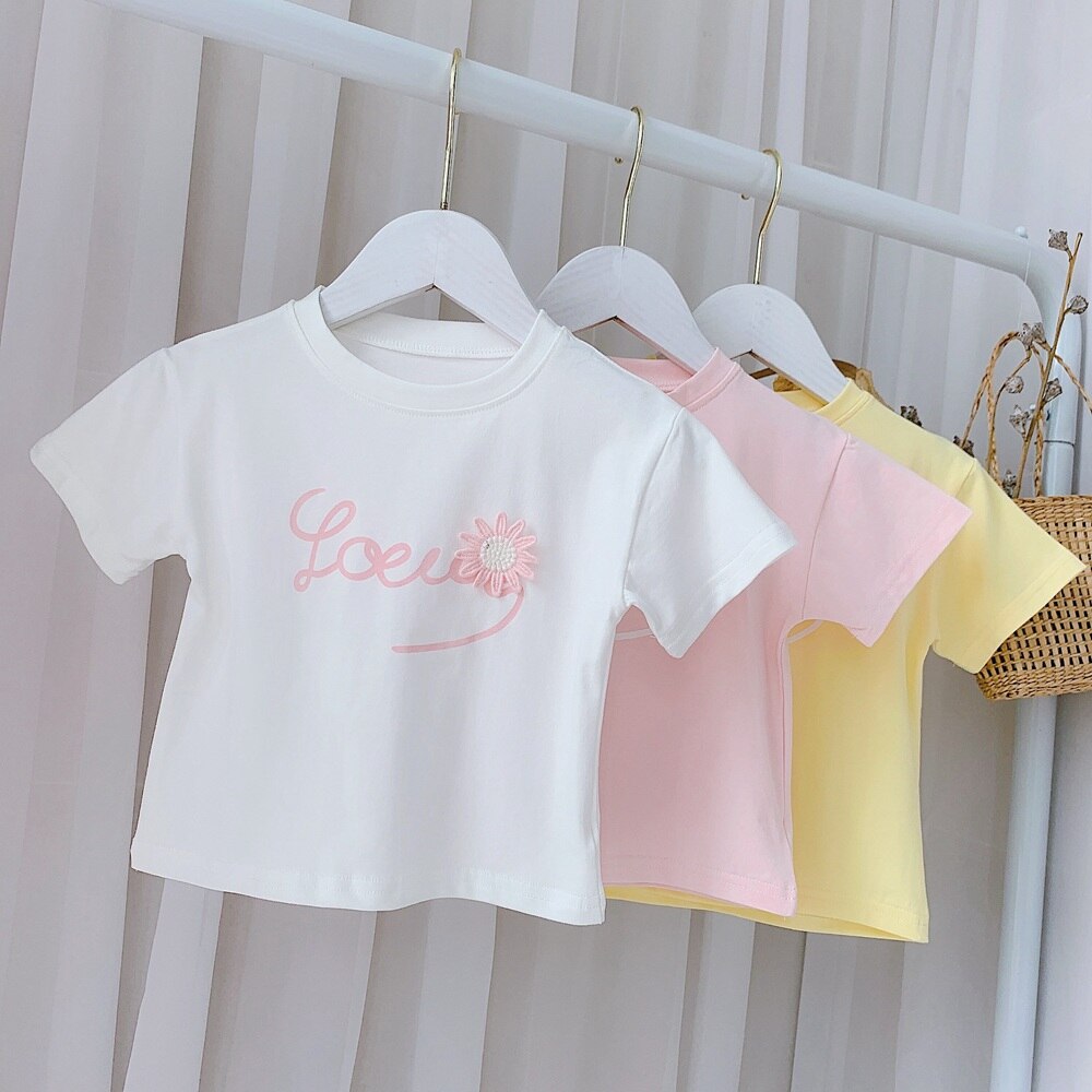 Zomer Outfits Meisjes T-shirt Kids Kinderen Baby Korte Mouw Casual Bloem Brief O-hals Tops Basic Tee T-shirts S12483
