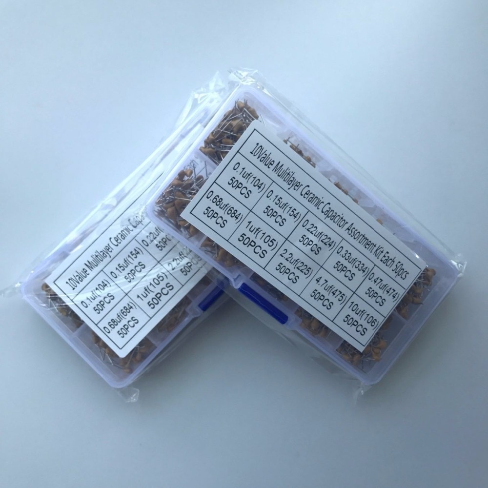10 Values 500pcs 0.1uF~10uF ( 104~106 ) Multilayer / Monolithic Ceramic Capacitor Assorted kit with storage box