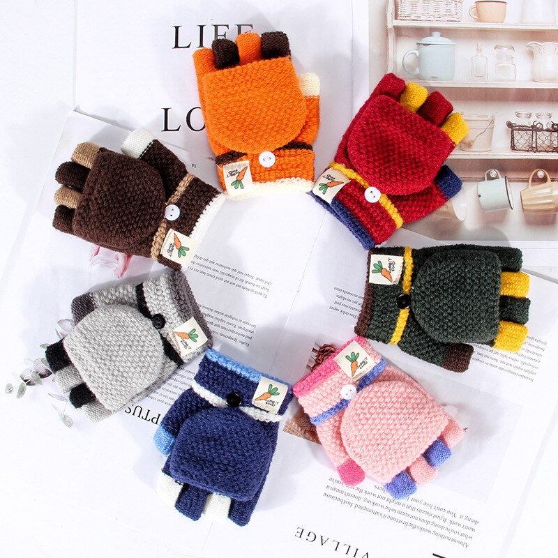 Children Winter Gloves Half Finger Flip Cover Gloves For Kid Girl Knitted Warmer Solid Mittens Baby Woolen Crochet Mitten 3-6Y