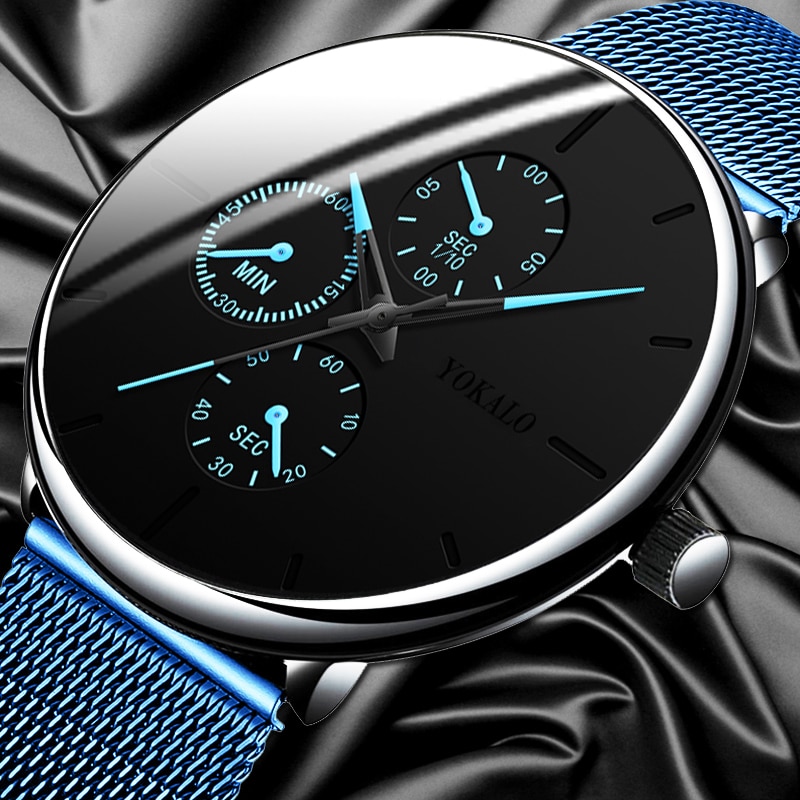 Elegante Heren Horloge Business Blue Rvs Mesh Riem Quartz Horloge Luxe Mannen Ultra Dunne Ongedwongen Klassieke Horloges