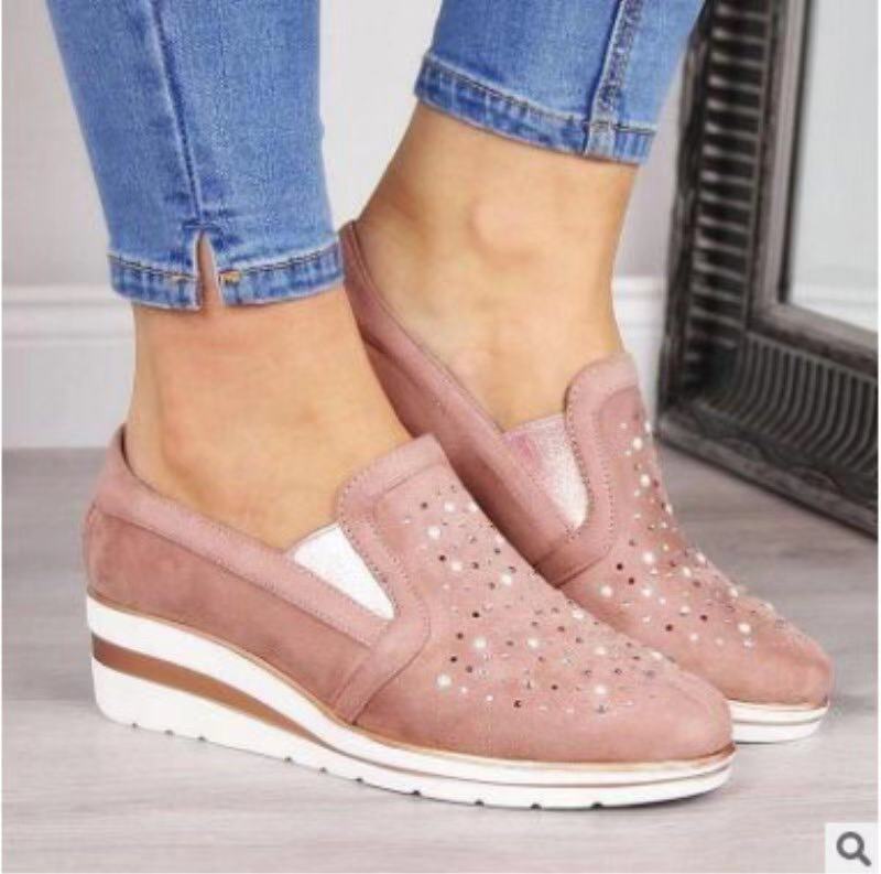 Women's Mesh Wedge Shoes Diamond Slip-on Cotton Casual Shoes for Woman Walking Sneakers Loafers Soft Shoes Zapato: Pink / 37