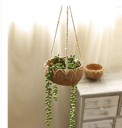 Pot De Fleurs Suspendu En Coque De Noix De Coco Naturelle - Avec Trou De Drainage, 13x13x11 Cm - Pour Succulentes, Plantes D'intérieur/extérieur, Décoration Balcon