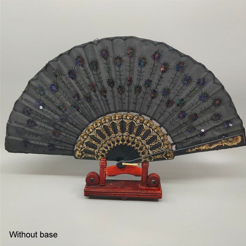 Art Folding Tail Feather Plastic Bone Sequins Carved Hand Fan Summer Accessory Crafts Print Home Decor Embroidery: Black