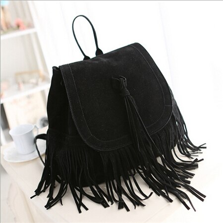 DIDABEAR Women Tassel Backpacks Girls Vintage Suede Shoulder School Bags Travel Backbags Mochilas Sac A Dos: black