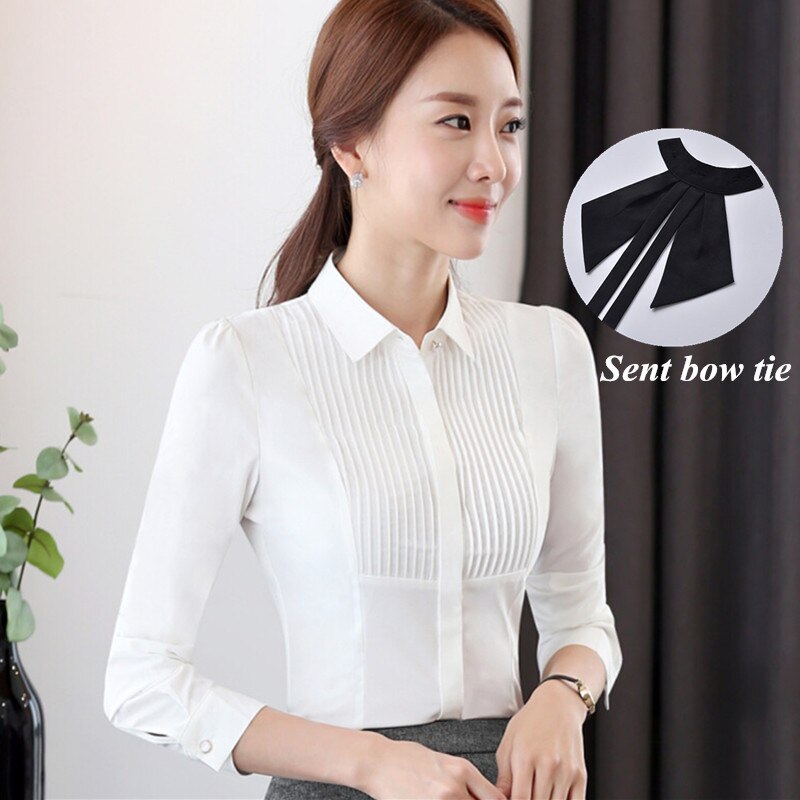 Camisa para mujer, blusa Formal de manga larga, ajustada, corbata moño de chifón, blusa blanca, ropa de trabajo de talla grande