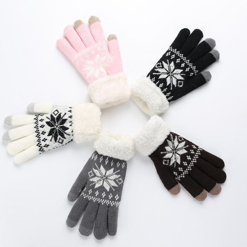 Rimiut tyk kashmir to lag vinterhandsker til kvinder snefnug strikket mønster fuldfinger skiløb &amp; touch screen handske