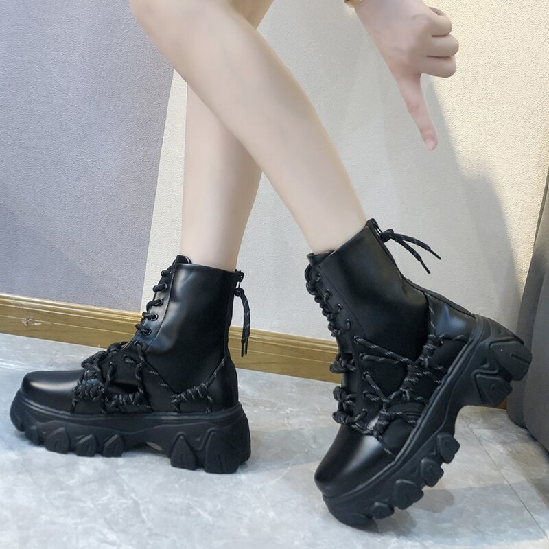 Black Punk Style Platform Women Ankle Boots Cross Strap Chunky Heels Boots Woman Waterproof Pu Leather Shoes