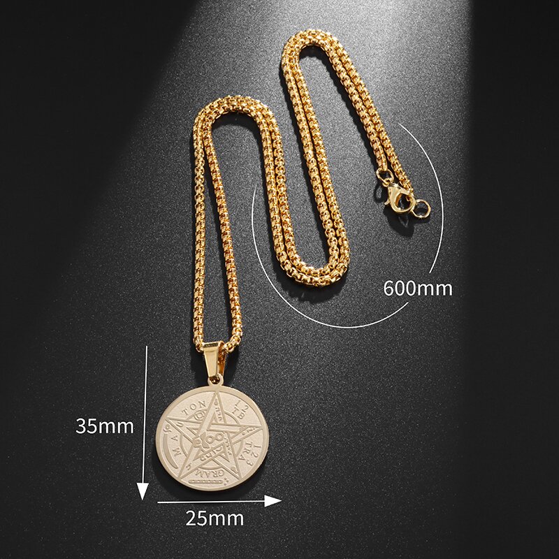 Collar con colgante de pentagrama de brujería misteriosa de acero inoxidable, amuleto de pentagrama con sello de salmón, joyería