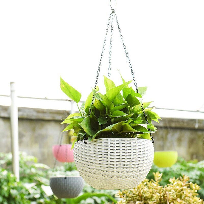 2-Pack Double Pots Suspendu Panier Planteurs Auto-Arrosage Intérieur Exterieur Plante et Fleur Pots Suspendus avec Égouttoir et Chaîne