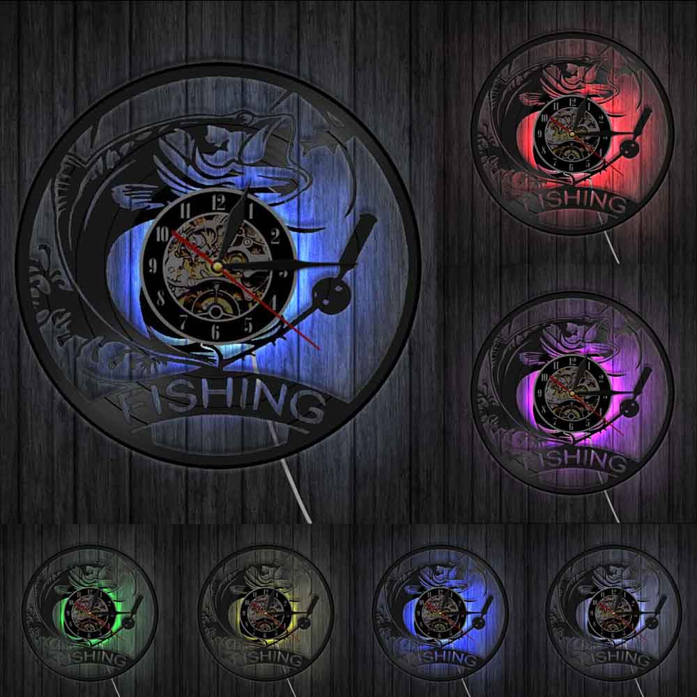 Reloj de pared de pesca hecho de disco de vinilo Real, lámpara de luz nocturna LED de pez mecánico, reloj de cocina moderno, de pescador