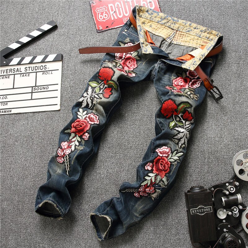 Vaqueros con flores bordadas para hombre, vaqueros de a la , de clásico y de