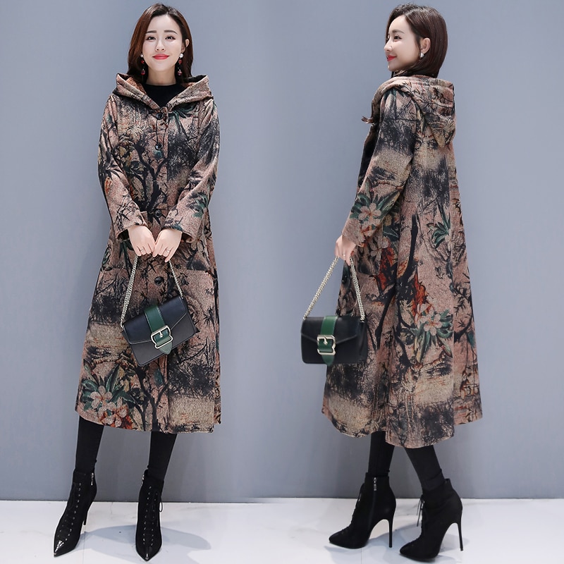 Vinter store størrelse tøj til kvinder langærmet hætte uld frakke trend vintage print frakke tykkere lange damefrakker 2290