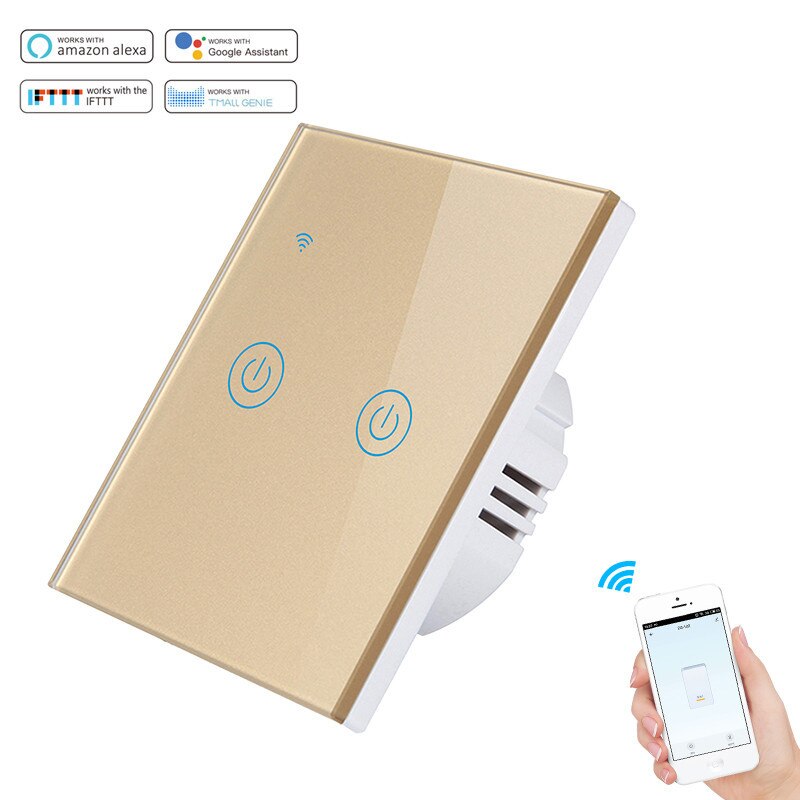 No Neutral Wire Smart WiFi Wall Light Switch Timer Wall Touch voice APP Remote Control 1/2/3 Gang for Alexa Google EU Style: Gold 2 Gang