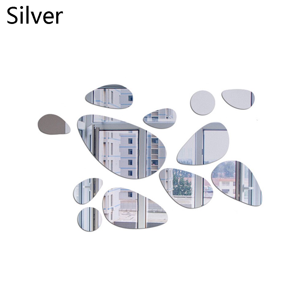 12Pcs Removable Self-adhesive Wall Stickers 3D Pebble Decals Mirror Surface Vinyl Mural Art Living Room Ornament Home Decoration: silver