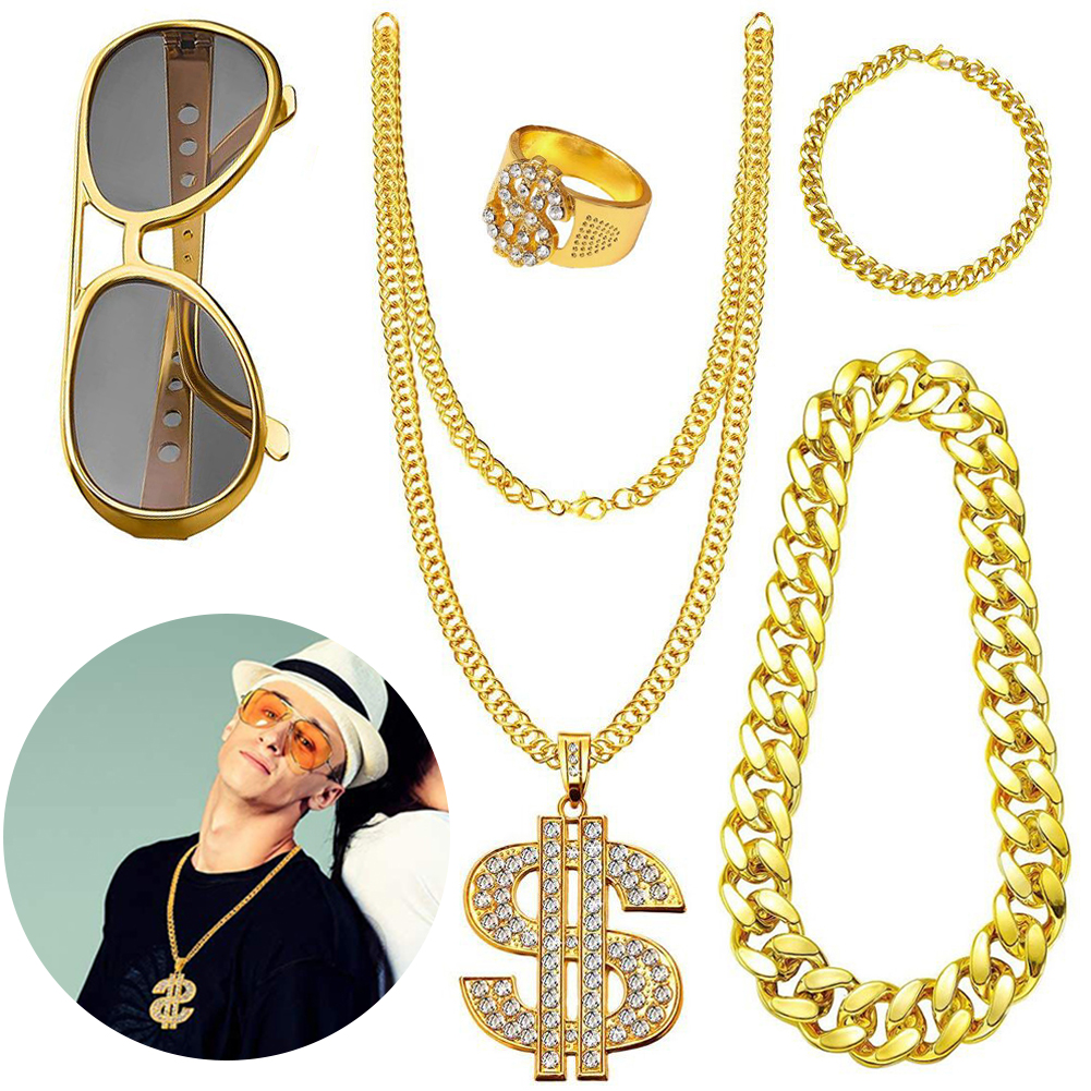 80s 90s Costume Outfit Set Hip-Hop Flamboyant Punk Dollar Sign Ring Hip Hop Star Glasses Bracelet Costume Kit for Boys Girls