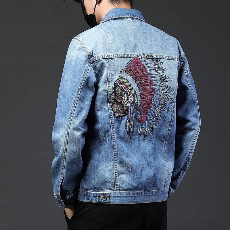 Vintage broderet indisk denimjakke til mænd og #39 slim cowboyjakke langærmet jeansjakke i europæisk og amerikansk stil: Xl