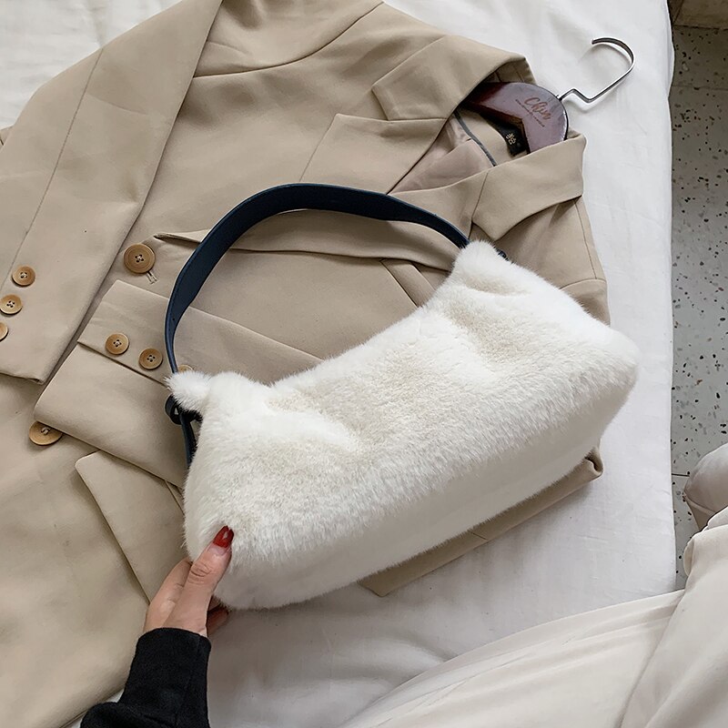 femme sac fourre-tout nouvelle doux en peluche femmes sac à main de créateur couleur unie décontracté sac à aisselles sac de voyage: White