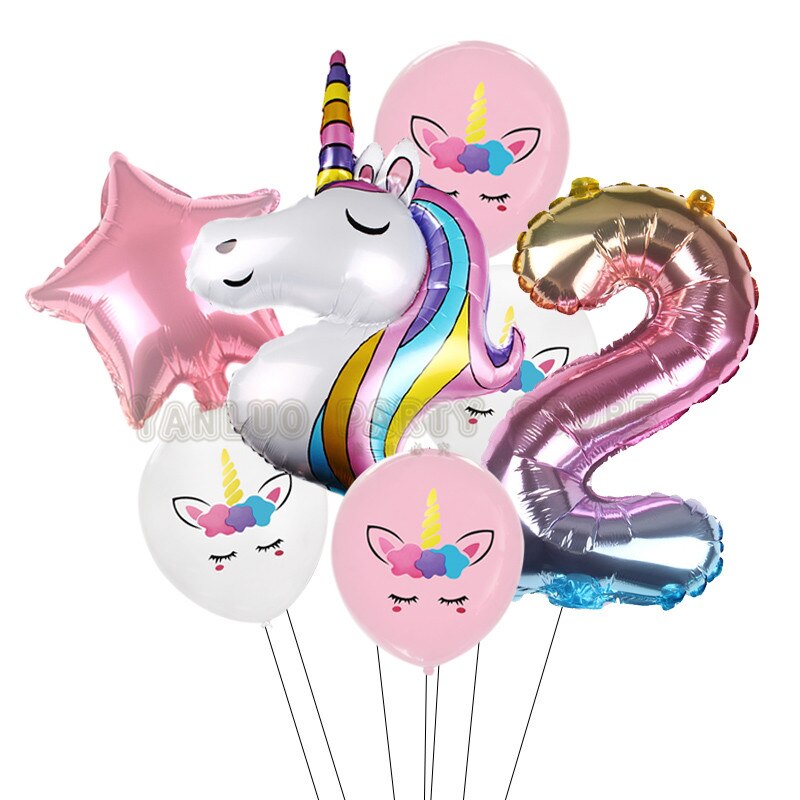 7 stk/parti regnbue enhjørning fest ballonger enhjørning bursdag dekorasjon nummer ballong barnebursdag fest baby dusj dekor globos: 2