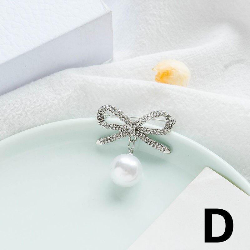 Simple Bow Brooches for Women Bowknot Brooch Pin Pearl Pendant Safety Lapel Pins Brooch Wedding Jewelry Accessories: D