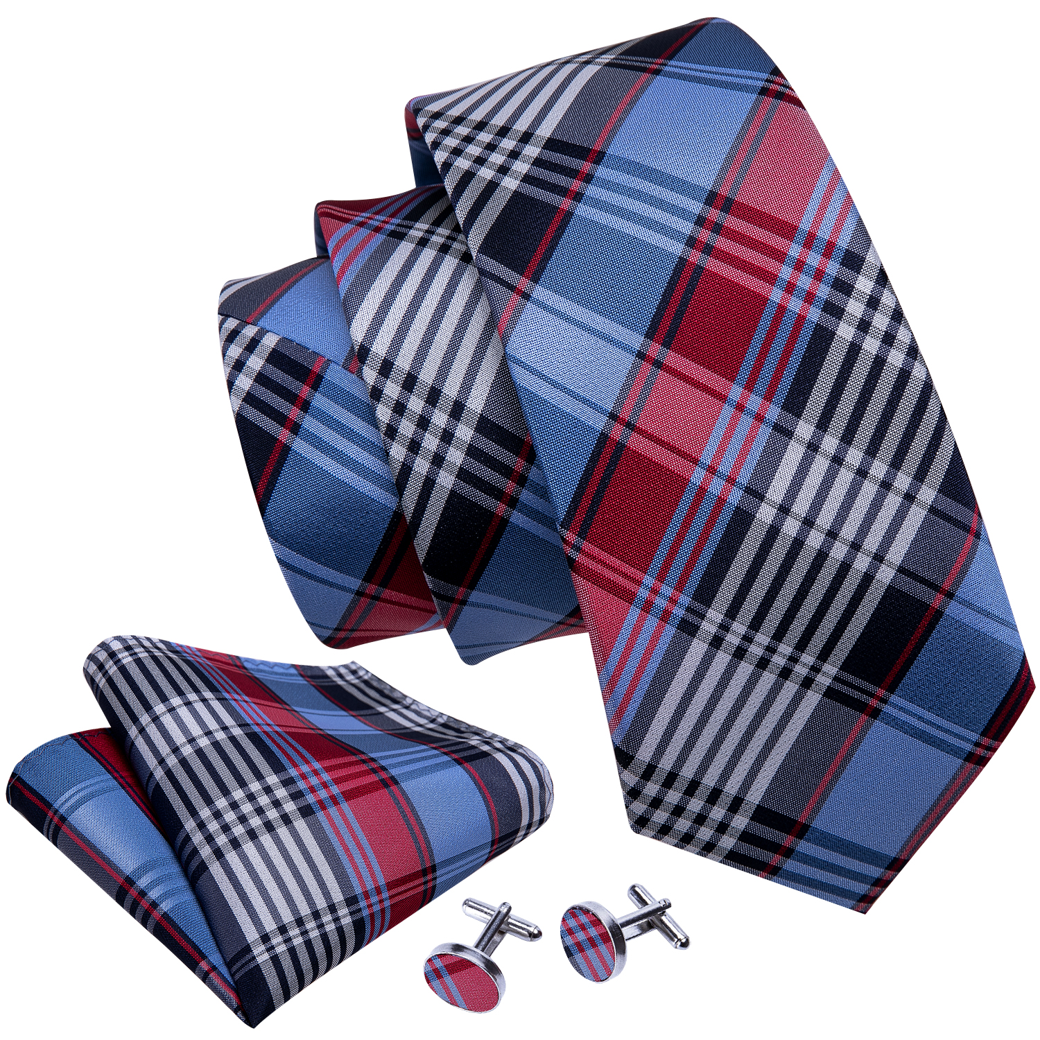 Red Blue Plaid 100% Silk Tie For Men Suit Wedding Tie Barry.Wang NeckTies Hanky Sets Business LN-5341