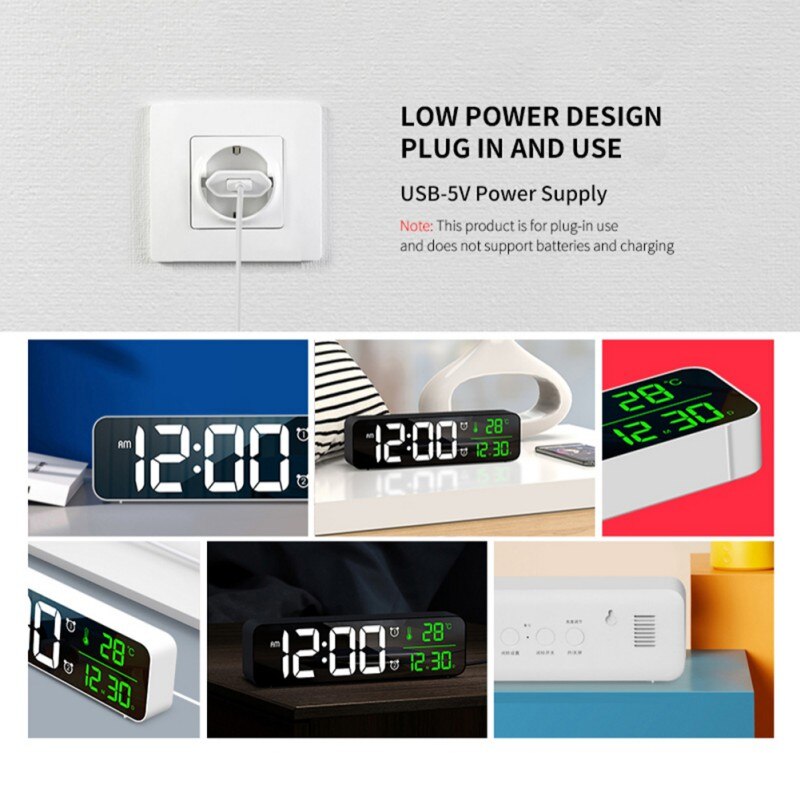 Led digitale multifunctionele wekkers voor slaapkamers, groot wit cijferdisplay, grote, eenvoudige dimmer met volledig helderheidsbereik