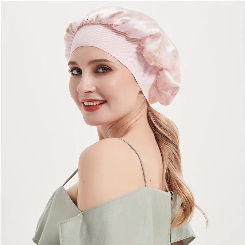 Style 100% Mulberry Silk Night Sleep Cap Elastic Women Shower Caps Big Bonnet For Lady Sleep Cap 19 Momme